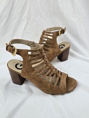 GUESS Brown Caged Gladiator Sandals Women’s 8M Suede Block Heel